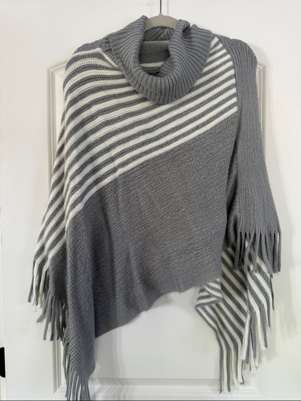 Versona Gray & White Striped Turtleneck Poncho with Fringe